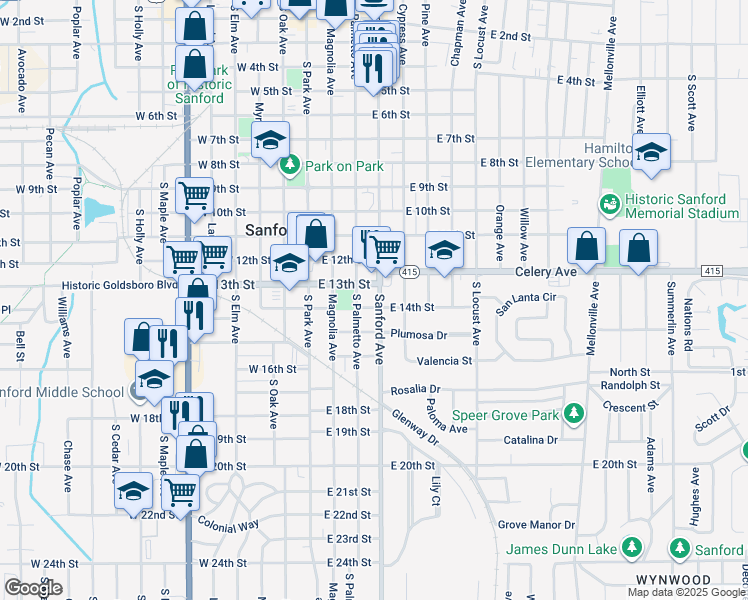 map of restaurants, bars, coffee shops, grocery stores, and more near 1319 South Palmetto Avenue in Sanford