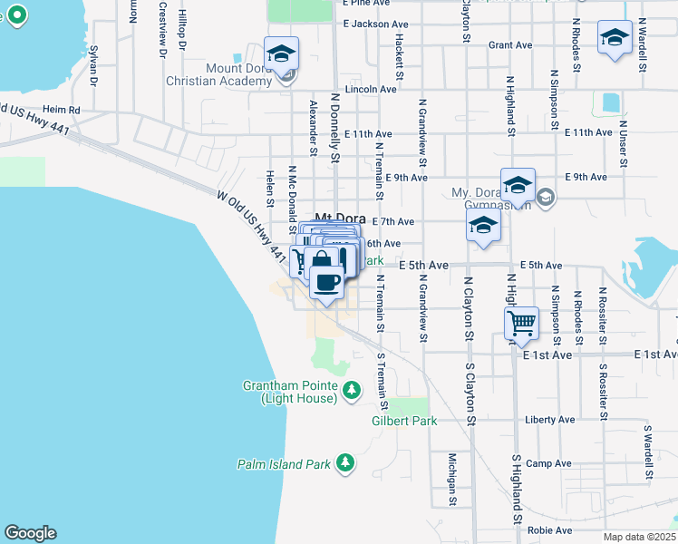 map of restaurants, bars, coffee shops, grocery stores, and more near 427 North Donnelly Street in Mount Dora