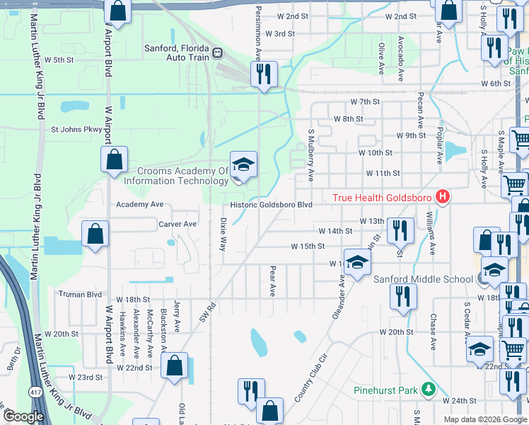 map of restaurants, bars, coffee shops, grocery stores, and more near 1303 South Persimmon Avenue in Sanford