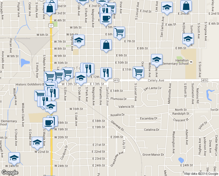 map of restaurants, bars, coffee shops, grocery stores, and more near 1309 South Sanford Avenue in Sanford
