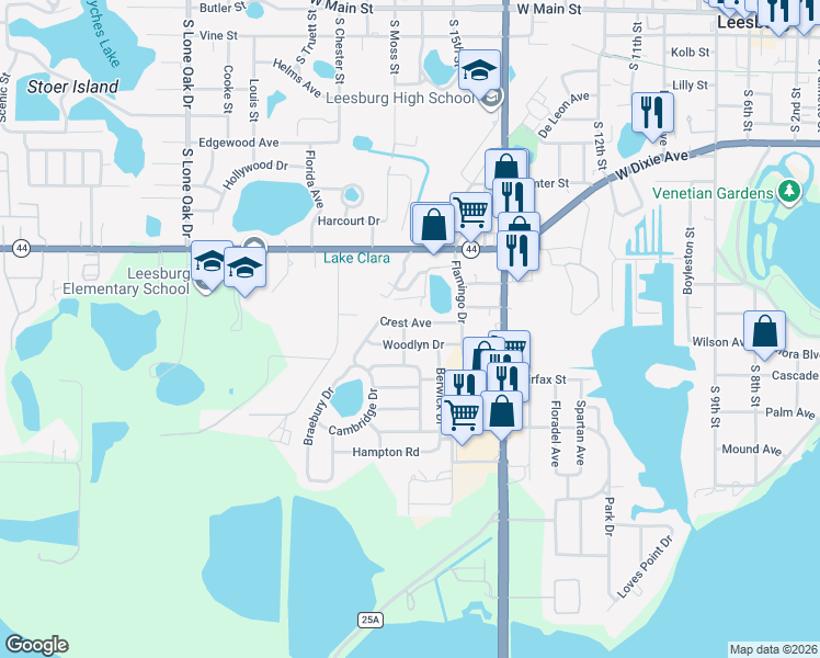 map of restaurants, bars, coffee shops, grocery stores, and more near 1108 Inland Street in Leesburg
