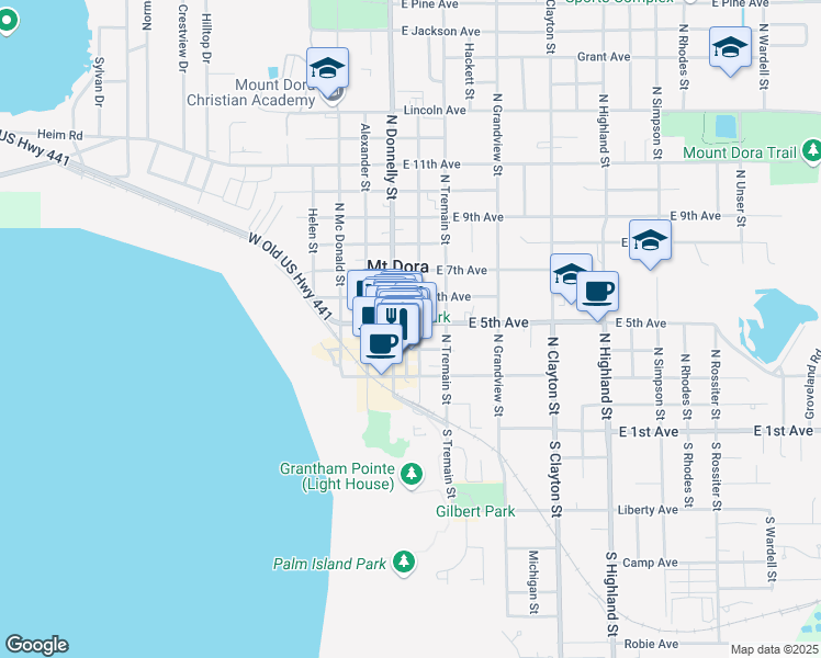 map of restaurants, bars, coffee shops, grocery stores, and more near 400 North Baker Street in Mount Dora