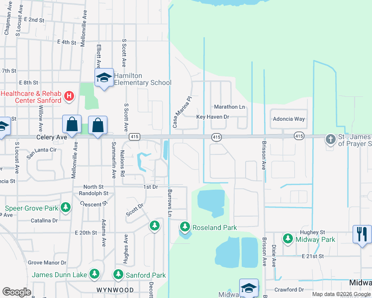 map of restaurants, bars, coffee shops, grocery stores, and more near 118 Pinefield Drive in Sanford