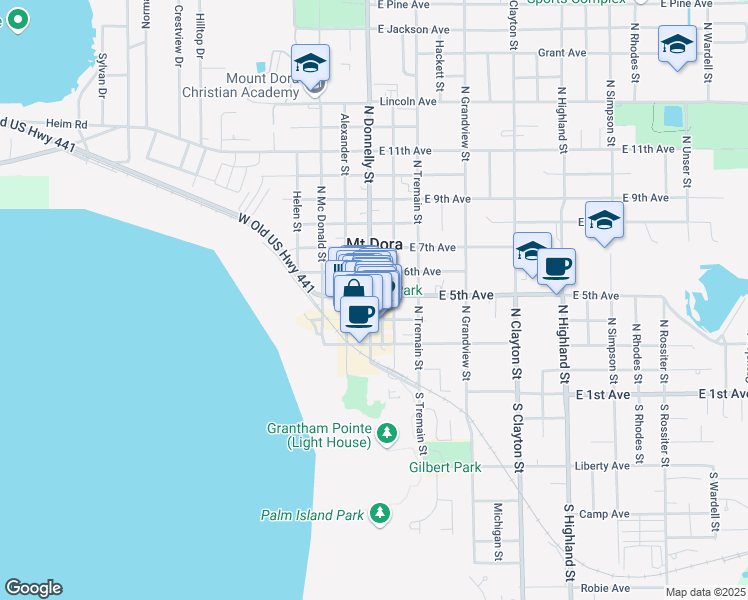 map of restaurants, bars, coffee shops, grocery stores, and more near 427 North Donnelly Street in Mount Dora