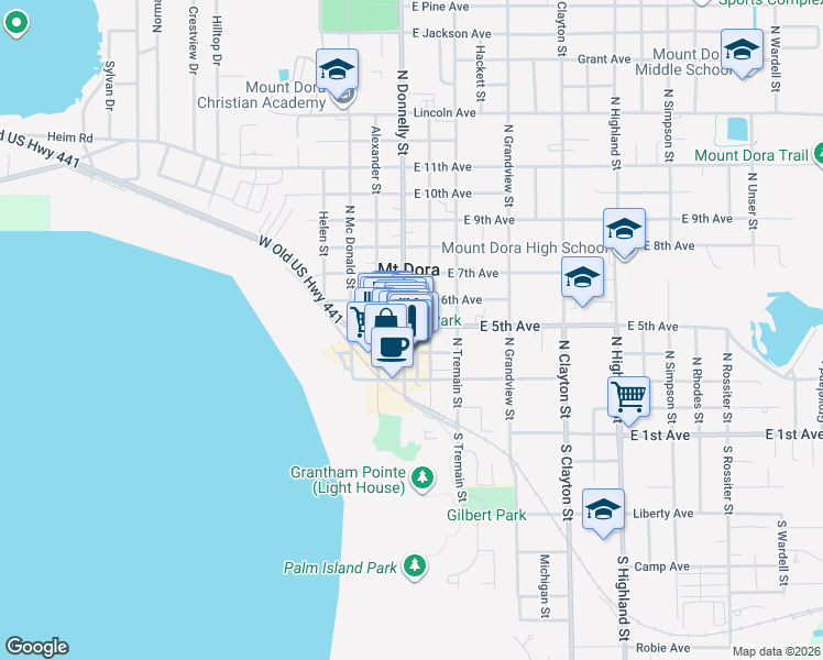 map of restaurants, bars, coffee shops, grocery stores, and more near 427 North Donnelly Street in Mount Dora