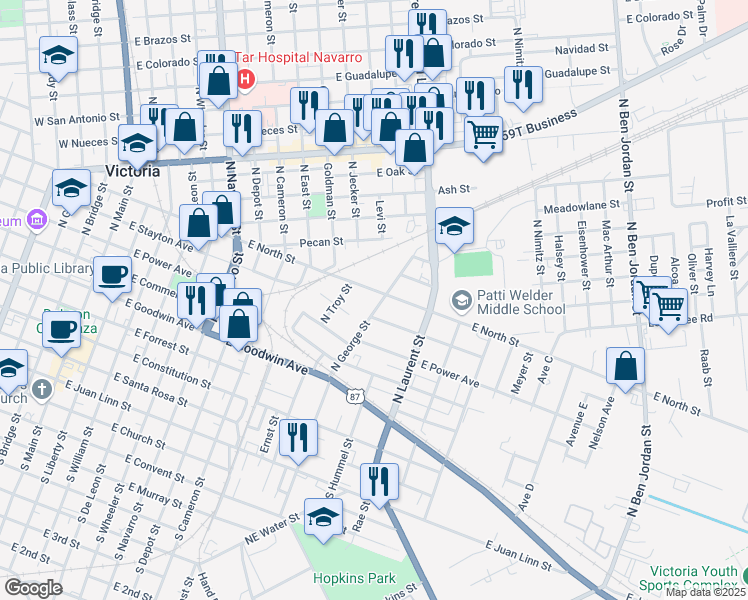 map of restaurants, bars, coffee shops, grocery stores, and more near 1215 East North Street in Victoria