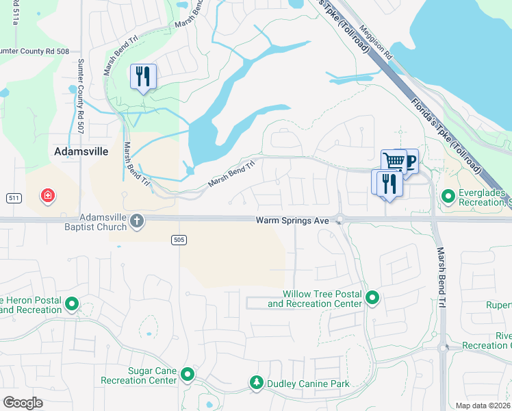 map of restaurants, bars, coffee shops, grocery stores, and more near 5357 County Road 468 in Wildwood