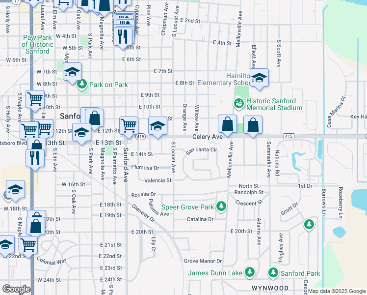 map of restaurants, bars, coffee shops, grocery stores, and more near 440 San Lanta Circle in Sanford