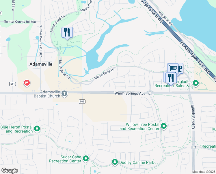 map of restaurants, bars, coffee shops, grocery stores, and more near 5211 County Road 468 in Wildwood