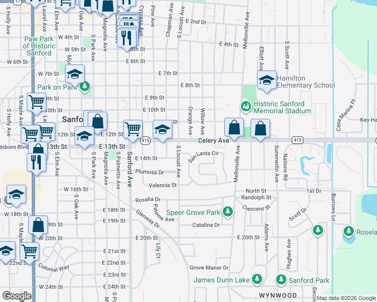 map of restaurants, bars, coffee shops, grocery stores, and more near 440 San Lanta Circle in Sanford