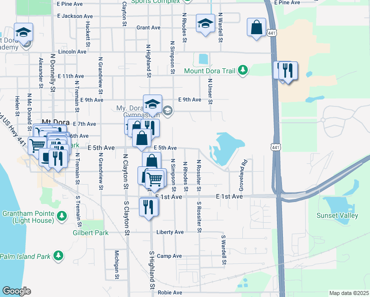 map of restaurants, bars, coffee shops, grocery stores, and more near 416 North Rhodes Street in Mount Dora