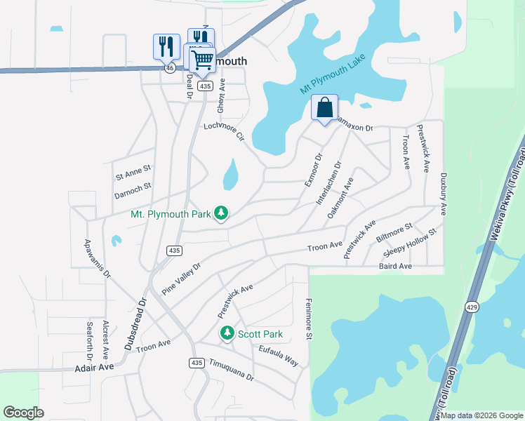 map of restaurants, bars, coffee shops, grocery stores, and more near 25821 Exmoor Drive in Mount Plymouth