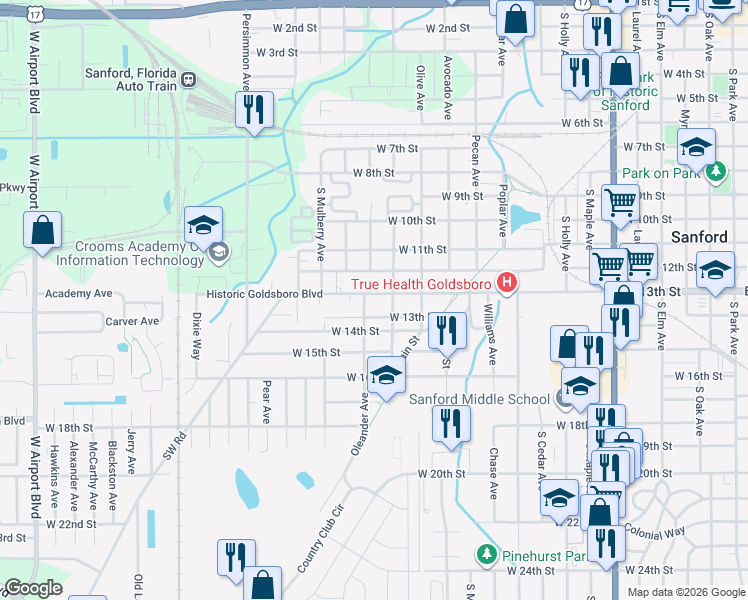 map of restaurants, bars, coffee shops, grocery stores, and more near 1412 West 13th Place in Sanford