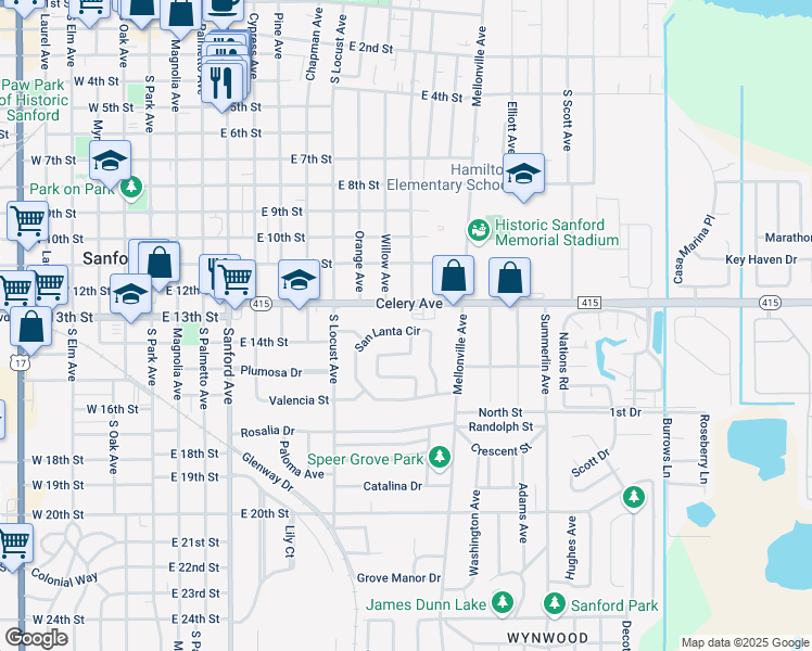 map of restaurants, bars, coffee shops, grocery stores, and more near 535 San Lanta Circle in Sanford