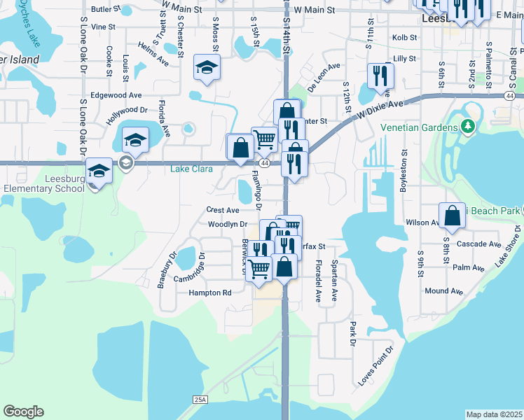 map of restaurants, bars, coffee shops, grocery stores, and more near 1104 Flamingo Drive in Leesburg