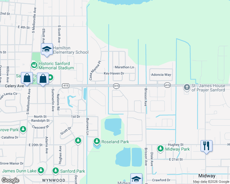 map of restaurants, bars, coffee shops, grocery stores, and more near 103 Pinefield Drive in Sanford