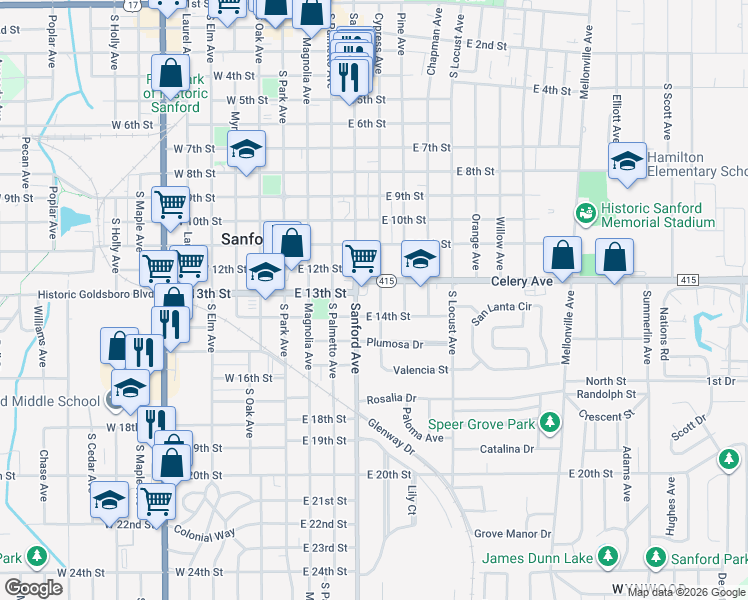 map of restaurants, bars, coffee shops, grocery stores, and more near 410 East 14th Street in Sanford
