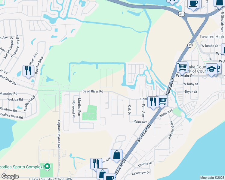 map of restaurants, bars, coffee shops, grocery stores, and more near 12621 Dead River Road in Tavares