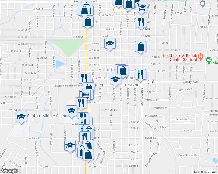 map of restaurants, bars, coffee shops, grocery stores, and more near 1301 South Myrtle Avenue in Sanford