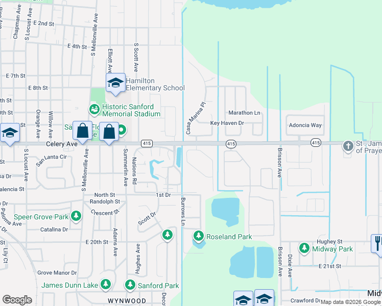 map of restaurants, bars, coffee shops, grocery stores, and more near 160 Bolivia Court in Sanford