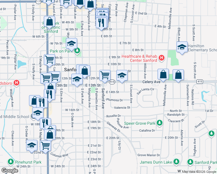 map of restaurants, bars, coffee shops, grocery stores, and more near 410 East 14th Street in Sanford
