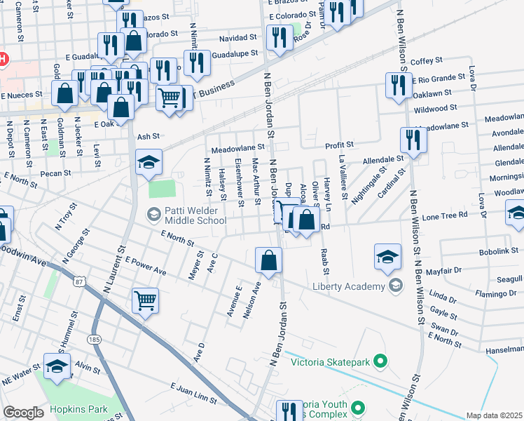 map of restaurants, bars, coffee shops, grocery stores, and more near 2003 Woodlawn Street in Victoria