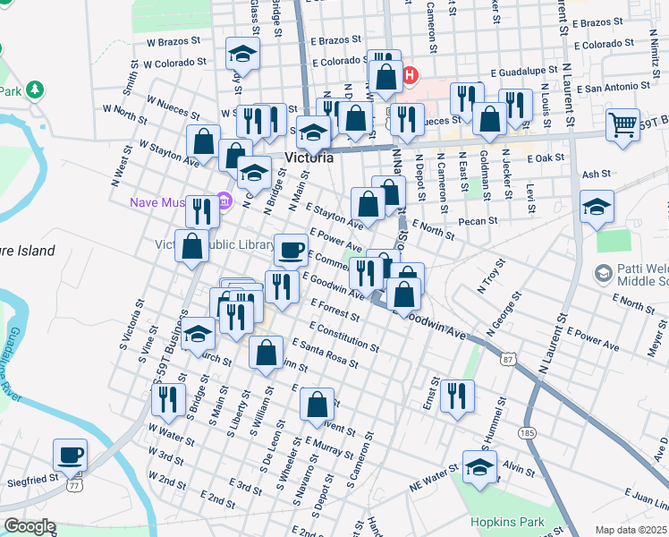 map of restaurants, bars, coffee shops, grocery stores, and more near 307 North De Leon Street in Victoria