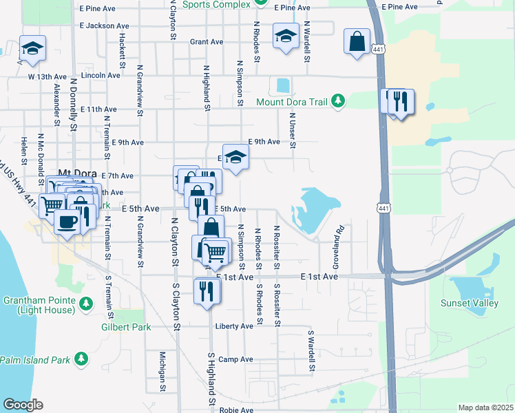map of restaurants, bars, coffee shops, grocery stores, and more near 1201 East 5th Avenue in Mount Dora