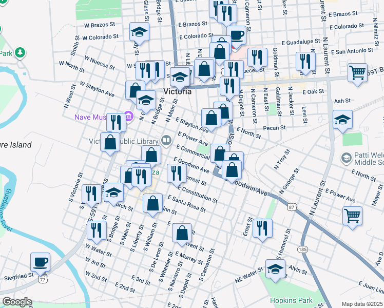map of restaurants, bars, coffee shops, grocery stores, and more near 307 North De Leon Street in Victoria
