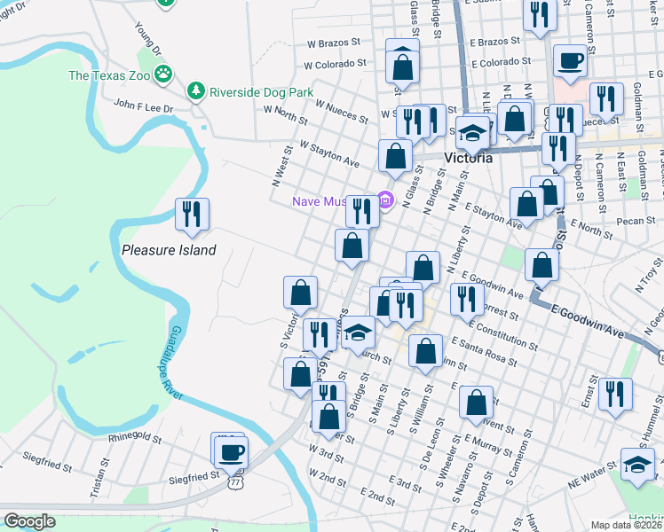 map of restaurants, bars, coffee shops, grocery stores, and more near 101 North Vine Street in Victoria