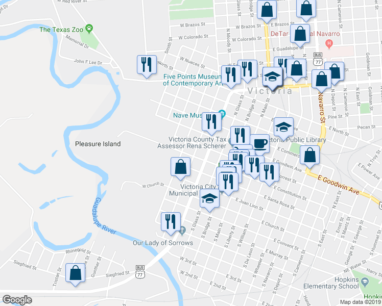 map of restaurants, bars, coffee shops, grocery stores, and more near 101 North Vine Street in Victoria