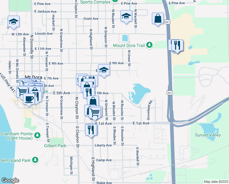 map of restaurants, bars, coffee shops, grocery stores, and more near 1203 East 5th Avenue in Mount Dora