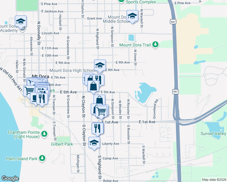 map of restaurants, bars, coffee shops, grocery stores, and more near 427 North Simpson Street in Mount Dora
