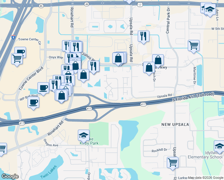 map of restaurants, bars, coffee shops, grocery stores, and more near 1111 Pepperdine Lane in Sanford