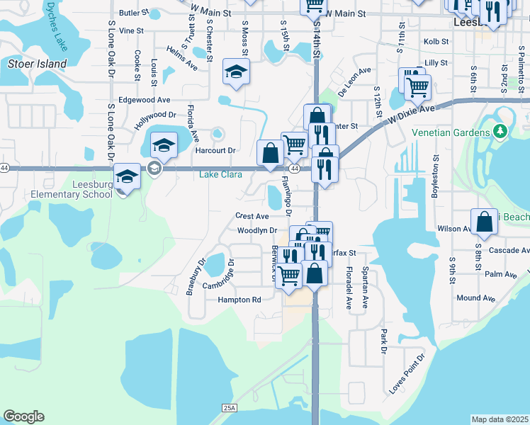 map of restaurants, bars, coffee shops, grocery stores, and more near 1518 Woodlyn Drive in Leesburg