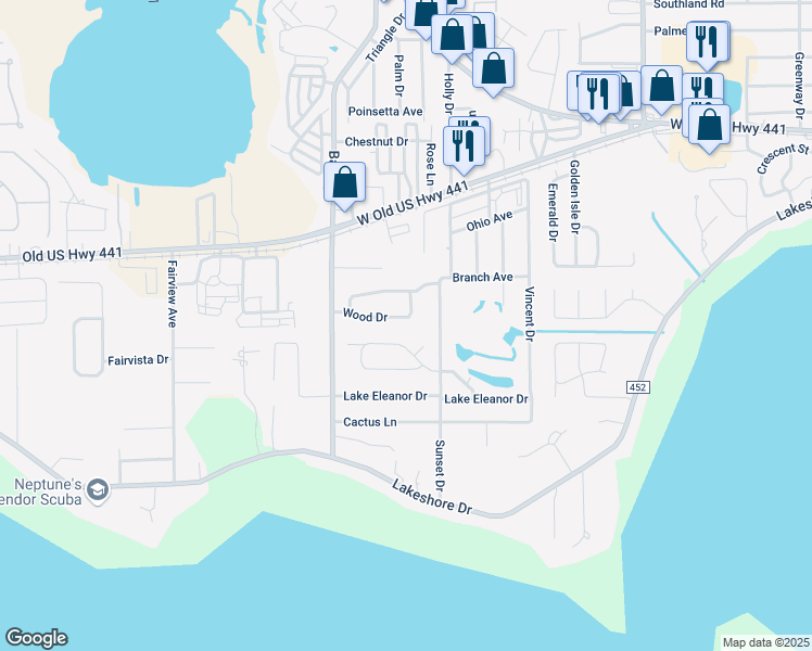 map of restaurants, bars, coffee shops, grocery stores, and more near 3985 Lake Forest Street in Mount Dora