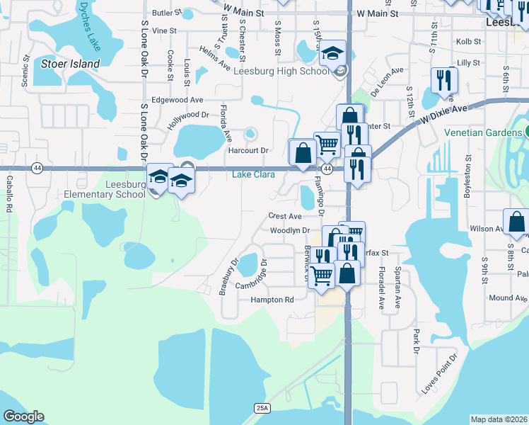 map of restaurants, bars, coffee shops, grocery stores, and more near 1606 Woodlyn Drive in Leesburg