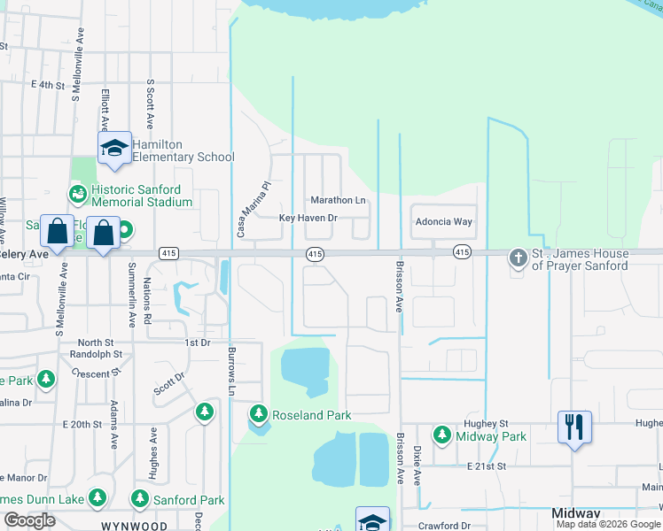 map of restaurants, bars, coffee shops, grocery stores, and more near 348 Conch Key Way in Sanford