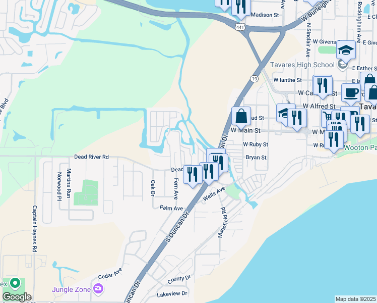 map of restaurants, bars, coffee shops, grocery stores, and more near 1136 Rue De Dore in Tavares
