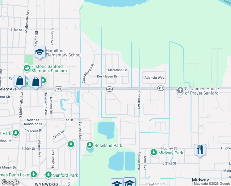map of restaurants, bars, coffee shops, grocery stores, and more near 348 Conch Key Way in Sanford