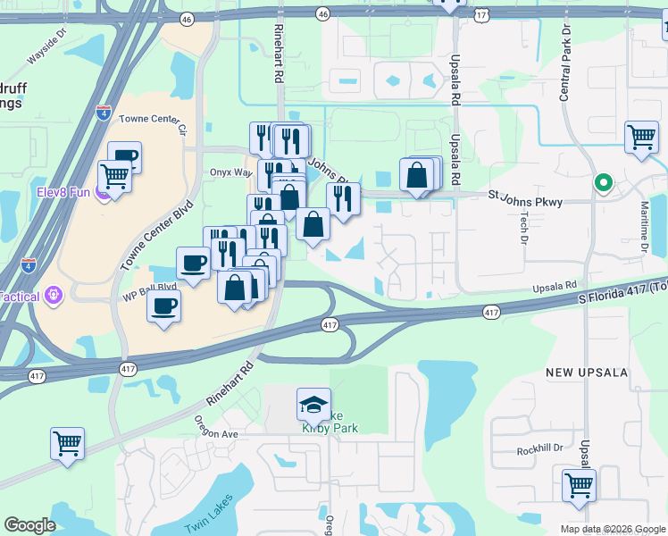 map of restaurants, bars, coffee shops, grocery stores, and more near 1501 Rinehart Road in Sanford