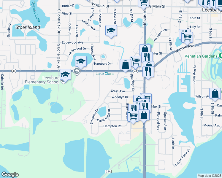 map of restaurants, bars, coffee shops, grocery stores, and more near 1608 Crest Avenue in Leesburg
