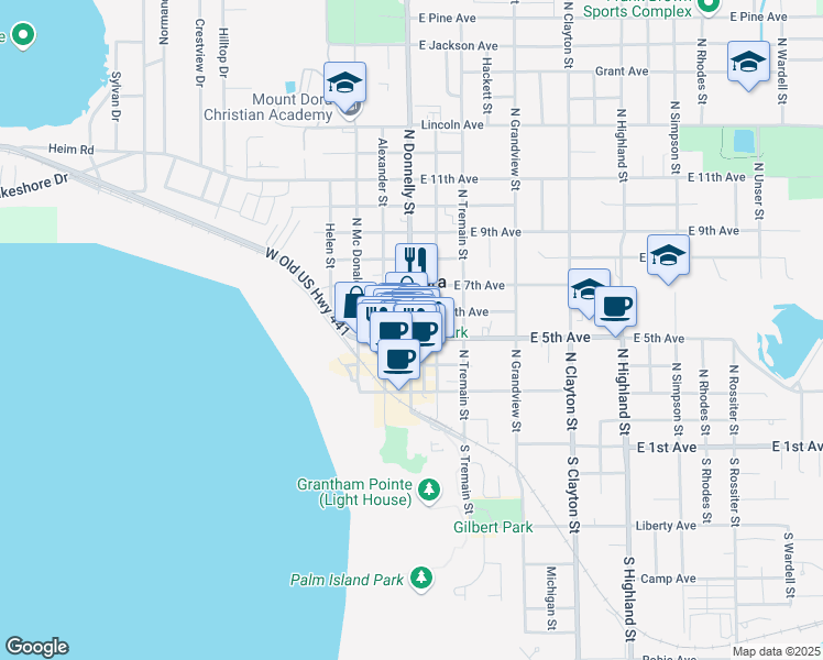 map of restaurants, bars, coffee shops, grocery stores, and more near 530 North Donnelly Street in Mount Dora