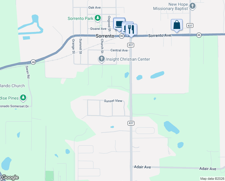 map of restaurants, bars, coffee shops, grocery stores, and more near 23827 Oak Tree Drive in Sorrento