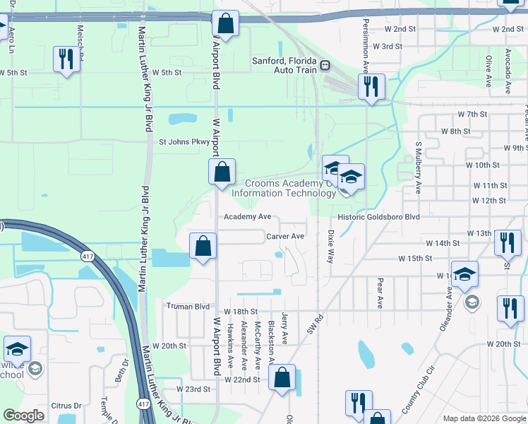 map of restaurants, bars, coffee shops, grocery stores, and more near 124 Academy Avenue in Sanford