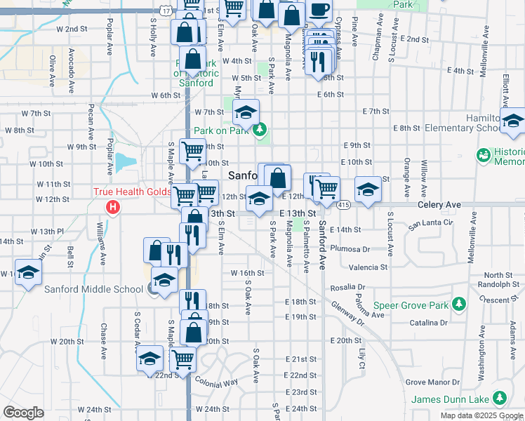 map of restaurants, bars, coffee shops, grocery stores, and more near 111 West 12th Street in Sanford