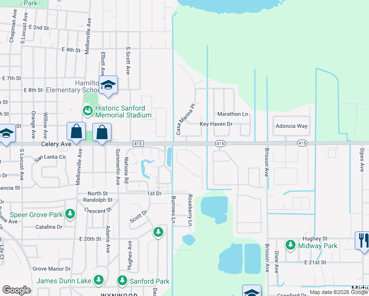 map of restaurants, bars, coffee shops, grocery stores, and more near 508 Casa Marina Place in Sanford