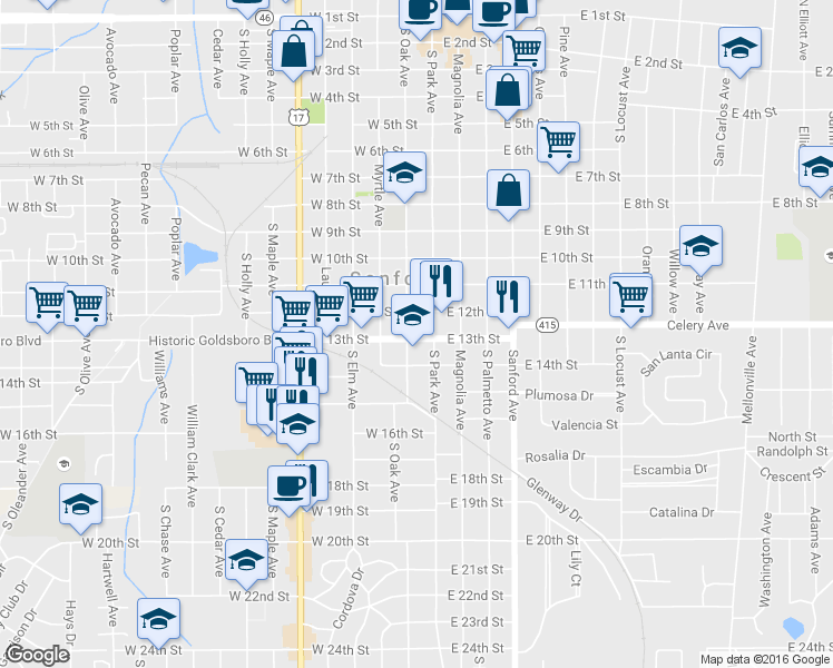 map of restaurants, bars, coffee shops, grocery stores, and more near in Sanford