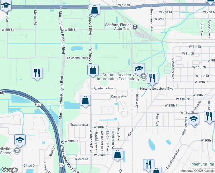 map of restaurants, bars, coffee shops, grocery stores, and more near 124 Academy Avenue in Sanford