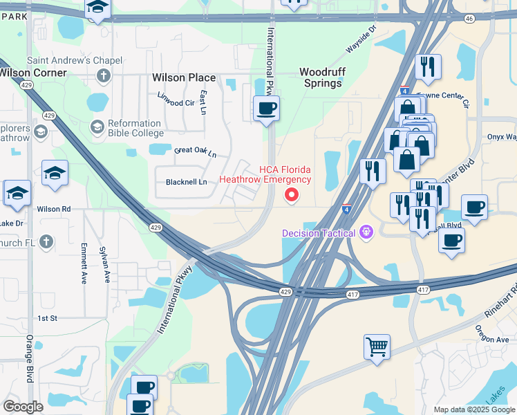map of restaurants, bars, coffee shops, grocery stores, and more near 5359 Factors Walk Drive in Sanford